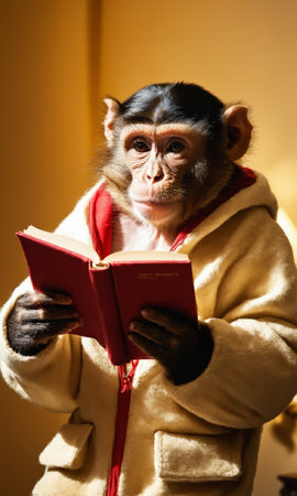 Portrait of a monkey in a coat reading a book at home.の素材