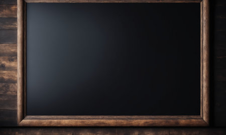 Blank blackboard with wooden frame on a dark wooden backgroundの素材