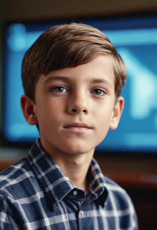 Portrait of a boy looking at the camera with a serious expressionの素材