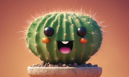 Smiling cactus in the desert with blue sky. 3D renderingの素材