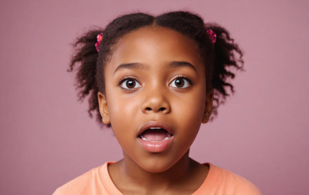 A young girls mouth is wide open, screaming on a pink background, showing her teeth and tongue while her eyes widen in fearの素材