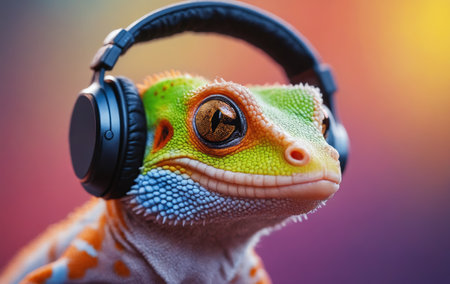 close up of chameleon listening to music with headphones on colorful background.の素材