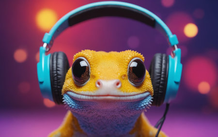 A terrestrial animal, the lizard, is seen wearing electric blue eyewear with a closeup on its iris while listening to music through headphones. A unique macro photography eventの素材