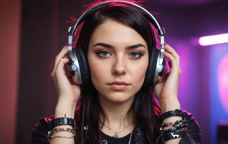 A young woman with purple headphones is enjoying entertainment through her hearing organ, her ear, while listening to musicの素材