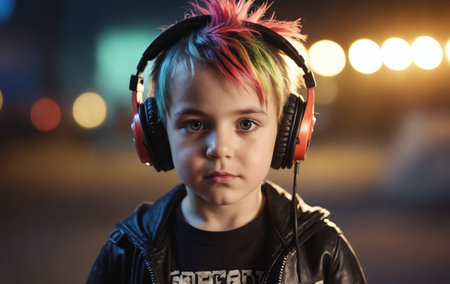 A cool young boy with black hair wearing headphones is looking at the camera, enjoying the entertainment of music artist through his audio equipmentの素材