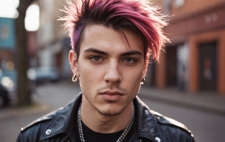 young handsome hipster man with colorful hair in the city close up.の素材