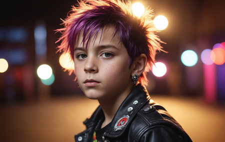 A young boy with purple hair is rocking a leather jacket and earrings. His electric blue eyelashes pop in the flash photography at the entertainment eventの素材