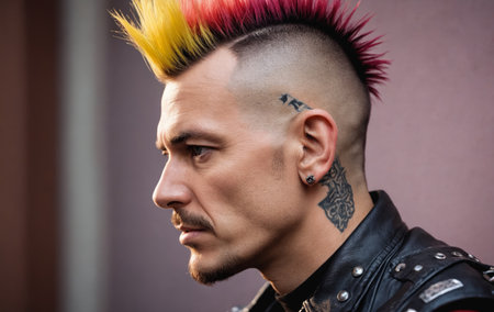A man with a Mohawk hairstyle and a tattoo on his neck, sporting Liberty spikes and a magenta eyebrow and eyelash, attending a fashion design event with a unique fashion accessoryの素材