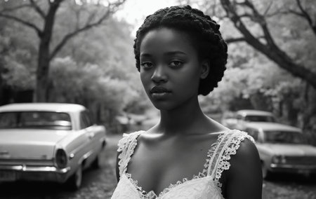 A happy black woman with a Jheri curl hairstyle, standing in front of black and white flowers. Her striking face and eye expression are captured beautifully in the photographの素材