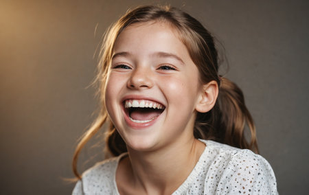 Portrait of a cute little girl laughing and looking at camera over gray backgroundの素材