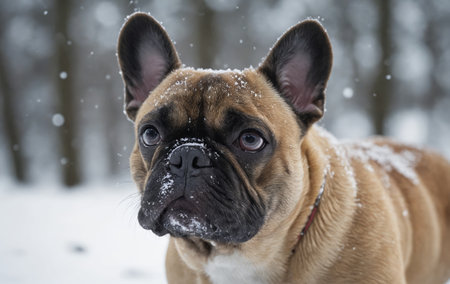 A fawn French Bulldog, a carnivorous dog breed, is lying in the snow and gazing at the camera with its wrinkled snout and whiskersの素材