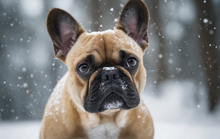 The Fawn French Bulldog, a carnivorous dog breed, is peacefully laying in the snow with its wrinkled face and whiskers, gazing directly at the cameraの素材