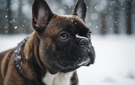 The Fawn French Bulldog, a carnivorous dog breed, is peacefully laying in the snow with its wrinkled face and whiskers, gazing directly at the cameraの素材