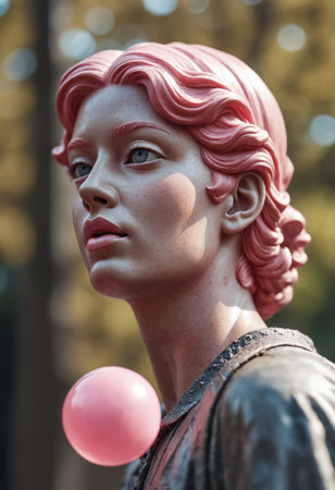 A person sporting stylized pink curls casually blows a large bubble gum bubble against a soft-focus natural outdoor backdrop."の素材