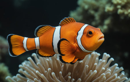 The clownfish, a type of anemone fish, is swimming gracefully on top of a coral reef in its natural underwater habitat. This vertebrate organism belongs to the rayfinned fish group in marine biologyの素材