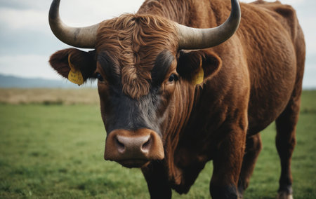 A bull with long horns is grazing in a grassy meadow, gazing at the camera. It is a working animal in a natural landscapeの素材