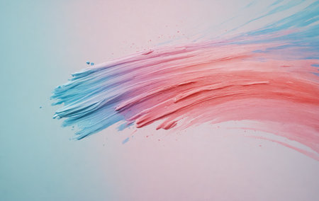 Thick lines of pink, turquoise, and blue paint spread and drip across the canvas, creating a dynamic artistic effect.の素材