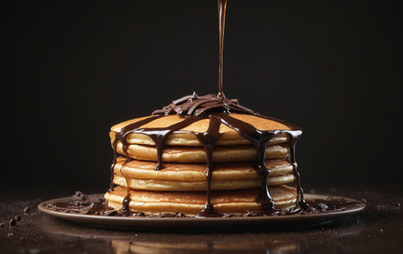 A stack of pancakes resembling a vehicles automotive exterior, with chocolate sauce as liquid, arranged on a plate like tablewareの素材