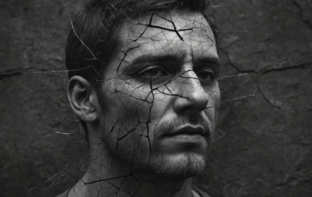 A monochrome photo of a man with deep wrinkles on his cracked face, showcasing the art of flash photography and visual arts in portraying darkness and emotionの素材