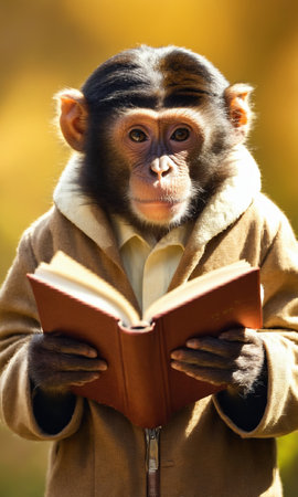Portrait of a monkey with a book on a dark background.の素材