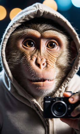 Portrait of a funny monkey in a hood. Bokeh backgroundの素材