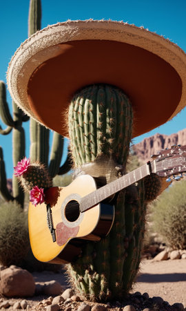 Guitar and cactus in a pot on a dark background.の素材
