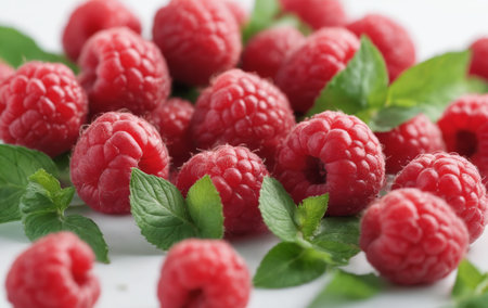 A stack of sweet and juicy raspberries, a seedless fruit considered a superfood due to its high antioxidant content, sitting on a table as a natural and delicious ingredientの素材