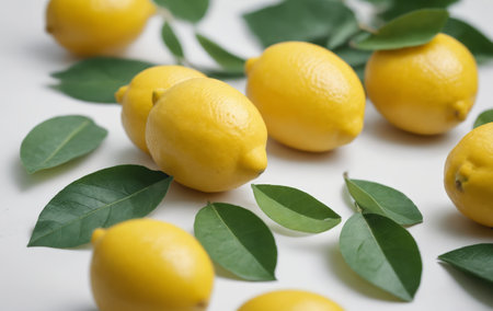 A bunch of lemons with green leaves on a white surface. Citrus fruits, yellow in color, are natural ingredients commonly used in cuisine and food preparationの素材