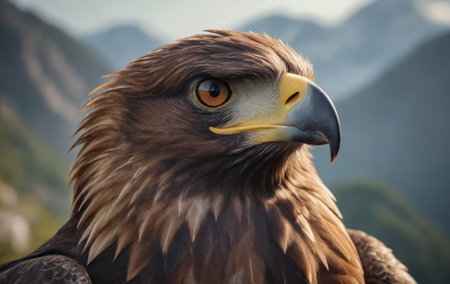 A close up of a majestic golden eagles head, a member of the Accipitridae family and a powerful bird of prey in the Falconiformes order, with a stunning mountain backdropの素材