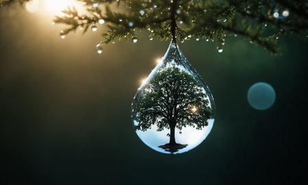 A tree is mirrored in a liquid drop of water, capturing the essence of natures beauty and creating an enchanting atmospheric phenomenonの素材