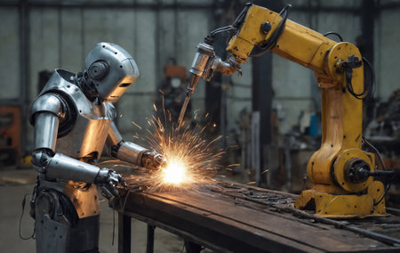 Industrial robot welding with sparks in the factory. Industrial robotの素材