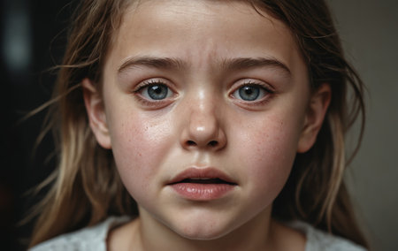 The blond toddler is crying, her nose and cheeks red. Her mouth is turned down in a frown, eyelashes wet with tears. She looks unhappy, but her smile and happy ear peeking out show hopeの素材