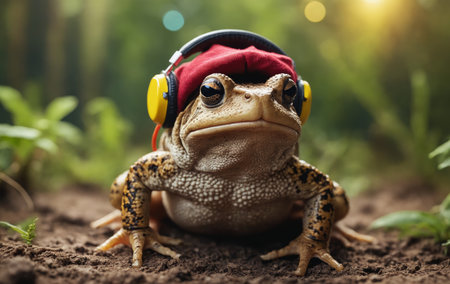 A terrestrial animal, amphibian frog, wearing headphones and a hat, is sitting on the ground surrounded by grass. The macro photography captures its unique adaptation in its natural habitatの素材