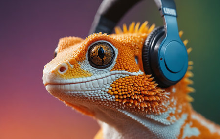 close up of chameleon listening to music with headphones on colorful background.の素材