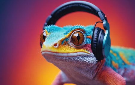 A terrestrial animal, the lizard, is seen wearing electric blue eyewear with a closeup on its iris while listening to music through headphones. A unique macro photography eventの素材