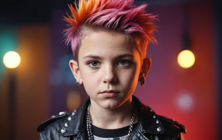 Portrait of a girl with short pink hair in a leather jacket.の素材