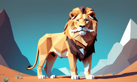 A low poly illustration of a lion, a Felidae mammal and big cat, standing in the desert. Known for its roar and whiskers, this terrestrial carnivore resembles the Siberian tigerの素材