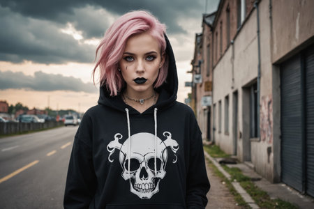 Embodying rebellious and daring spirit, this pink-haired person in a skull print hoodie stands out dramatically in a quiet residential lane, perfect for stories about individuality and boldness.の素材