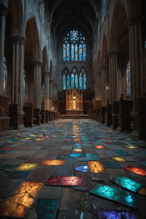 Candles and stained glass windows create vivid reflections inside the church.の素材