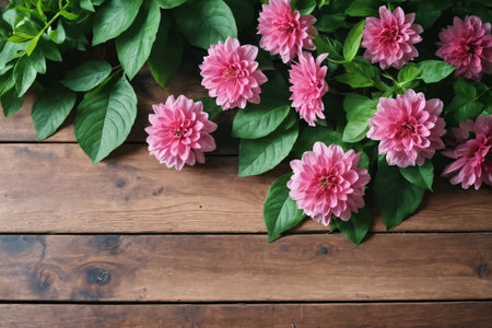 The natural simplicity of a pink floral arrangement on a wooden surface, highlighting beauty in texture and color.の素材