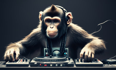 Chimpanzee playing music on a turntable on dark background.の素材