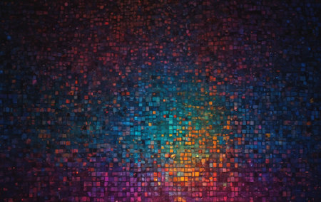 A display device showing a sky of colored squares on a midnight background, creating an artful pattern of electric blue, magenta, and circle shapesの素材