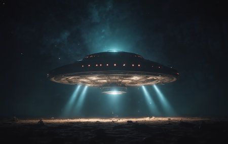 A mysterious liquidfilled UFO hovers over a dark forest at midnight, creating a surreal event blending science and darkness in the skyの素材