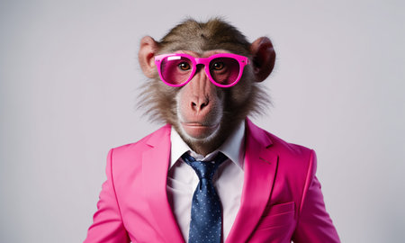 The monkey is stylishly dressed in a pink suit and tie, along with sunglasses to protect its vision. Its jaw drops in awe of its purple outerwear, completing the look with a fashionable gestureの素材