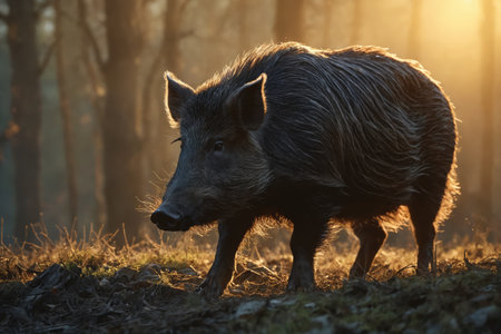 A wild boar looks curiously at the camera, illuminated by sunlight filtering through bare trees.の素材