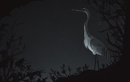 A white water bird with feathers, wings, and a long neck is perched on a twig among dark trees in a natural landscapeの素材