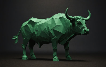 A sculpture of a low poly bull, a working animal commonly used in agriculture, with prominent horns and a detailed snout, set against a black backgroundの素材
