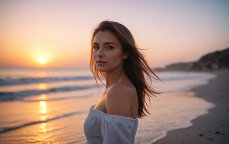 Tranquil beach sunset with an individual soaking in the soothing tones of dusk and gentle wavesの素材
