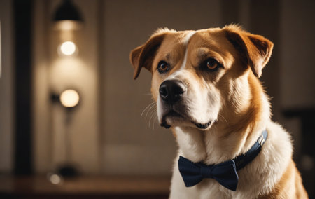 A serene tan and white dog adorned with a black collar enjoys the warmth of indoor lighting, exuding a sense of home and companionship.の素材
