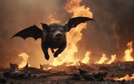 A fictional character, a pig with bat wings, is flying through the darkness in front of a fire. This illustration could be from an action film or an actionadventure gameの素材